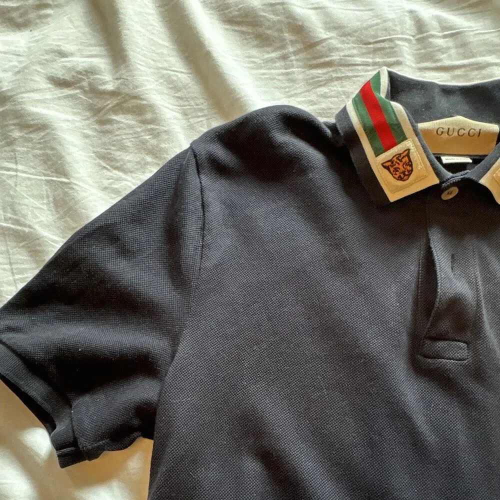 Gucci Men's Navy Cotton Short Sleeve Polo Web Stripe Tiger Collar Logo M